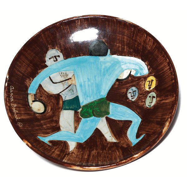 1145: Aaron Bohrod plate, made by Stonelain: Aaron Bohrod plate, made by Stonelain, hand-painted scene of athletes, signed, marked, 8.5"dia., chip to foot