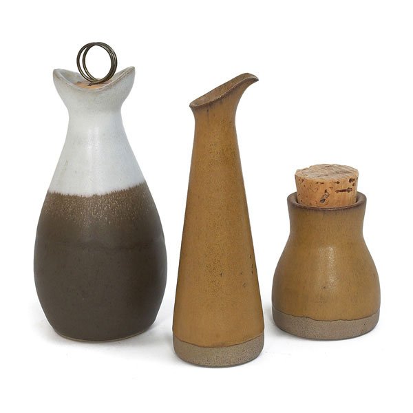 1148: Gordon and Jane Martz pottery, three pieces: Gordon and Jane Martz pottery, three pieces, 1950s, pitcher and two jars with cork stoppers, each signed "Martz", two dated 1953, one dated 1955, pitcher: 7.5"h, large jar: 7.25"h, all in mint conditi
