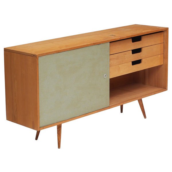 1169: Paul McCobb Planner Group dresser: Paul McCobb Planner Group dresser, by Winchendon, maple case one sliding door, interior consists of one shelf and four drawers, tapered legs, signed with branded mark in drawer, original finish, 60"w