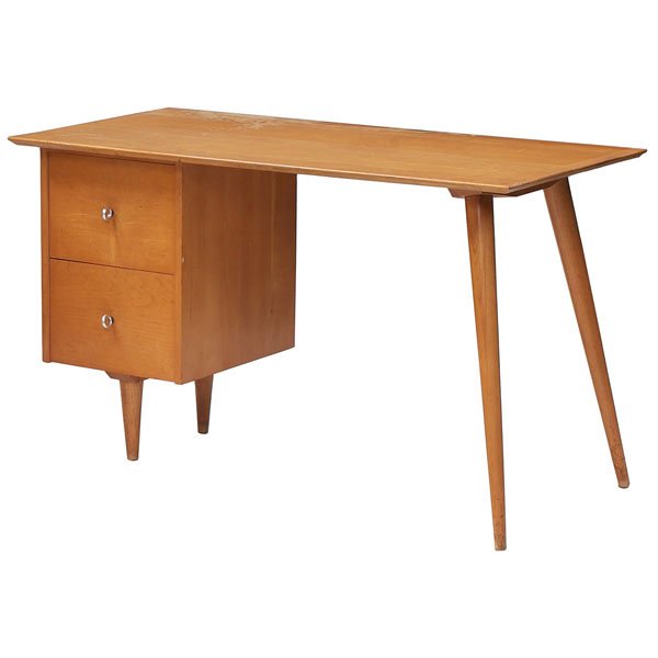 1170: Paul McCobb Planner Group desk: Paul McCobb Planner Group desk, by Winchendon, maple, rectangular top over removable tapered legs, two drawers with original aluminum pulls, original finish, 48"w x 24"d x 29"h, wear to finish, good c