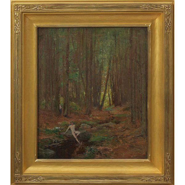 Joseph Tomanek, Nudes in a Landscape, c. 1910, oil: Joseph Tomanek (Czech-American, 1879-1974), Nudes in a Wooded Landscape, c. 1910; oil/canvas, 24 x 20, unsigned; artist"s estate stamp verso, fine contemporary carved frame