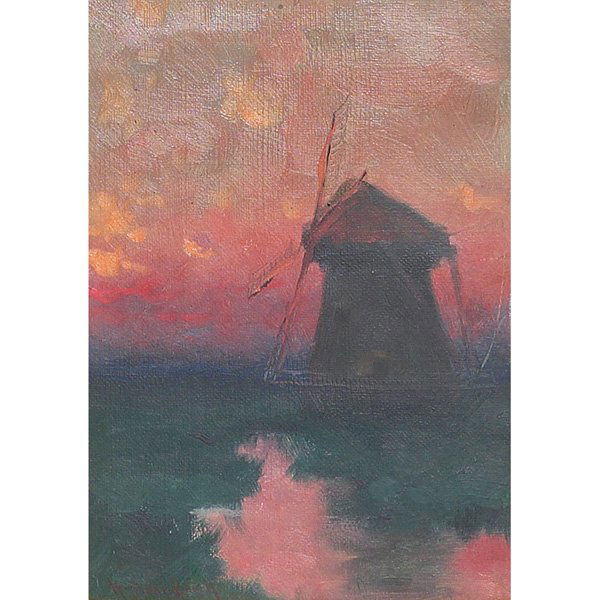William Keith, Coastal Scene with Windmill, oil: William Keith, "Coastal Scene with Windmill"; oil/canvas, signed, matted, framed, 7" x 5"