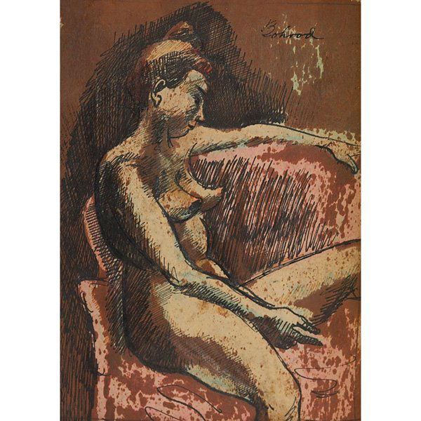 Aaron Bohrod, Seated Nude, c. 1950, gouache: Aaron Bohrod (American, 1907-1992), Seated Nude, c. 1950; gouache and ink, 5.5 x 4, signed.