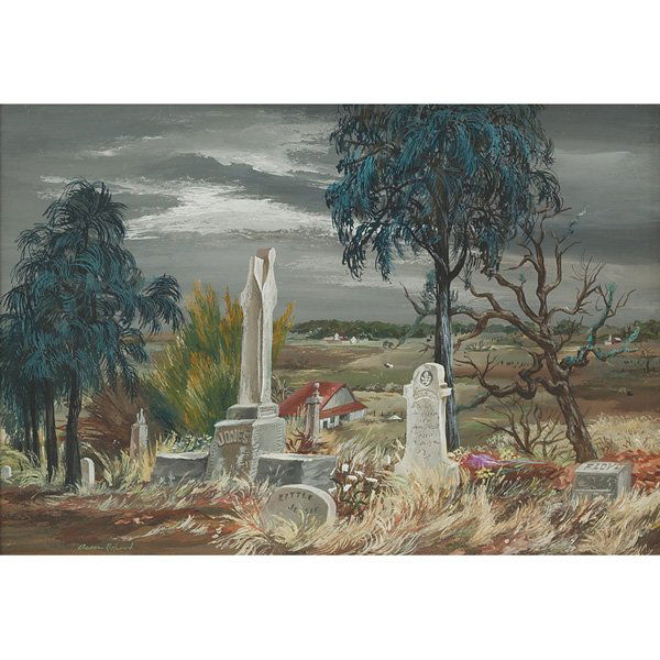 Aaron Bohrod, Quiet Countryside, Wisconsin, gouach: Aaron Bohrod (American, 1907-1992), Quiet Countryside, Wisconsin, gouache, 13.5 x 20, signed; Oehlschlager label verso.