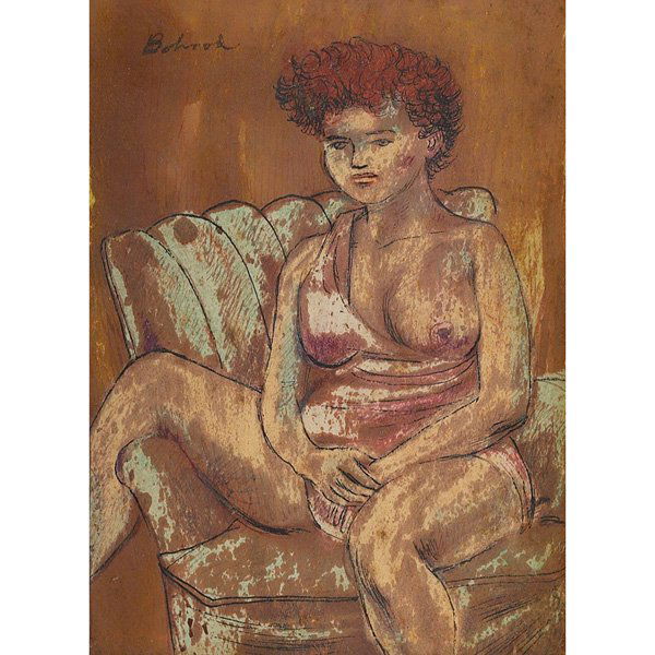 Aaron Bohrod, Seated Figure, c. 1950, gouache and: Aaron Bohrod (American, 1907-1992), Seated Figure, c. 1950; gouache and ink, 5.5 x 4, signed.