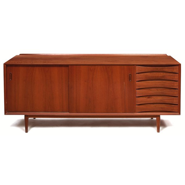 Arne Vodder sideboard, by Sibast Mobler, Denmark: Arne Vodder sideboard, by Sibast Mobler, Denmark, teak cabinet with two sliding doors and six drawers, raised lip to back of top, interior consists of three shelves, top refinished, signed, 72w x 19.5