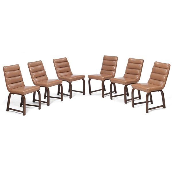 Gilbert Rohde dining chairs, set of six: Gilbert Rohde dining chairs, set of six, by Herman Miller, laminated plywood frames with original channeled brown vinyl upholstery, bases refinished, 18w x 21d x 31.5h, very good condition