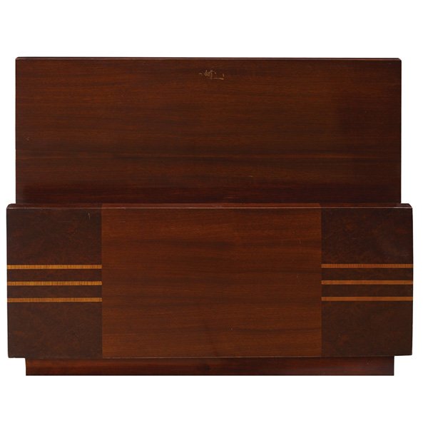 Gilbert Rohde twin beds, pair, by Herman Miller, 1: Gilbert Rohde twin beds, pair, by Herman Miller, 1930s, consists of headboard, footboard and side rails (rails not shown), mahogany forms with horizontal inlay decoration, unmarked, original finish, h