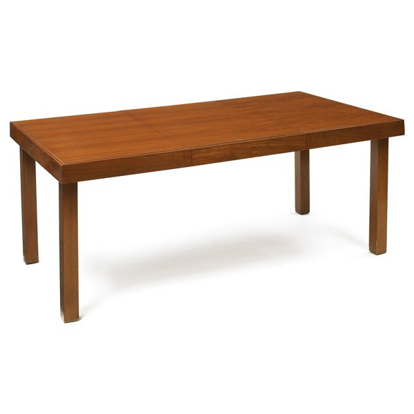 George Nelson dining table, by Herman Miller, no.: George Nelson dining table, by Herman Miller, no. 4721, 1950s, walnut, rectangular top with 3.25apron over square legs, two 20 self storing leaves (not shown), original finish, Herman Miller foil labe