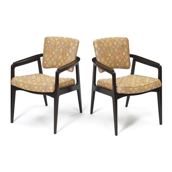 Peter Hvidt arm chairs, attribution, pair: Peter Hvidt arm chairs, attribution, pair, by John Stuart, Inc., dark stained wood frames with original multi-color patterned upholstery and swiveling backrests, original finish, signed, 23.5w x 26d x