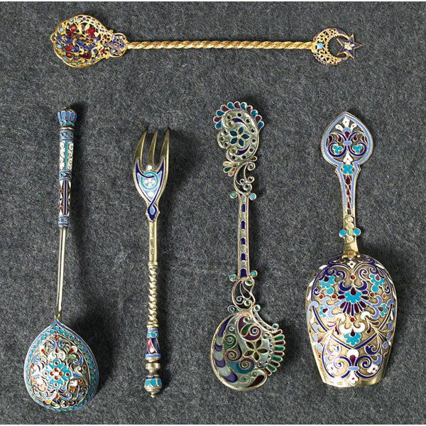 Russian spoons and fork, five pieces: Russian spoons and fork, five pieces, filigreed and enameled, some marked, largest is 1.5"w x 5"l l; with a Moritz Zdekauer tureen, (not shown), Austrian, white with a pink rose pattern and gold accen