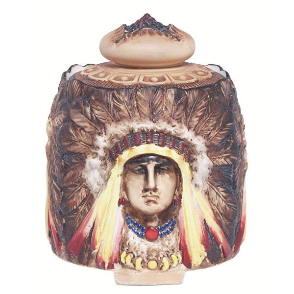 Nippon covered vessel, three Native American: Exceptional Nippon covered vessel, three Native American portrait designs in high relief and colorfully painted, marked, 5.5"w x 7"h 500-700