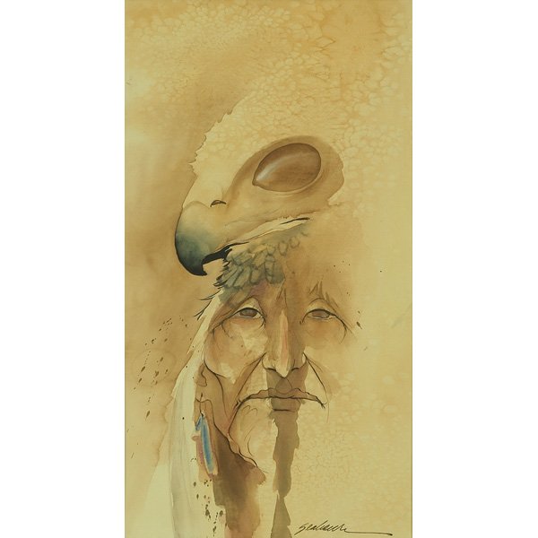Bert Dail Seabourn, "Portrait of a Native America: Bert Dail Seabourn (American, b.1931), "Portrait of a Native American," c. 1970; watercolor/ink on paper, 20" x 10.5", signed 300-500