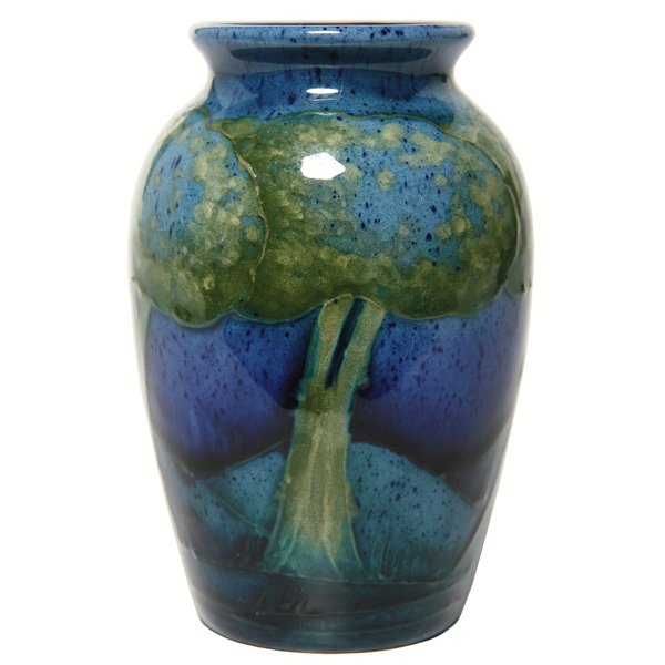 Moorcroft vase, Moonlit Blue landscape design: Good Moorcroft vase, Moonlit Blue landscape design, impressed Made in England, Moorcroft, 2"w x 3.5"h 1000-1500