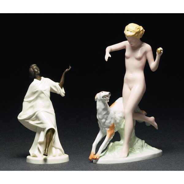 Minton figural, Grecian Dancer, bronze body w/ Ro: Minton figural, Grecian Dancer, bronze body under ceramic dress, #2698, marked, original patina to metal, 6.5"w x 10.25"h; with a Royal Dux figural, nude figure and dog playing fetch, #717, marked, fo