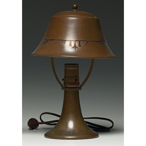 Silvercrest lamp, sterling on bronze: Silvercrest lamp, attribution, sterling on bronze, applied organic design, original patina, unmarked, 7"w x 11.5"h Condition Report: no problems; overall excellent condition