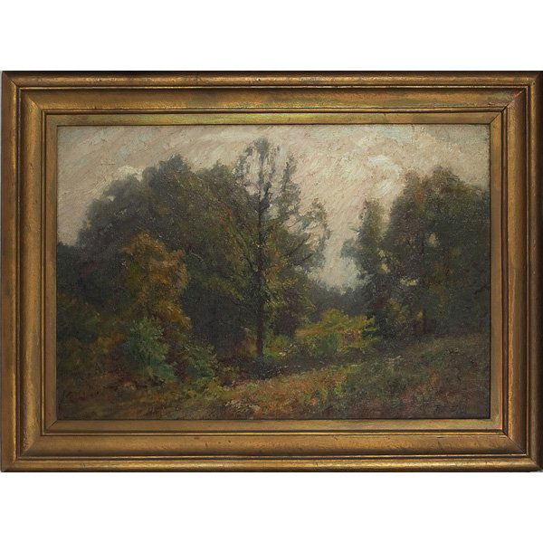 Theodore Clement Steele, "Landscape, oil: Theodore Clement Steele (American, 1847-1946), 1910, oil/canvas, "Landscape," signed, framed, 25.5" x 38", artist studio stamp on verso Condition Report: minor imperfection on left side, otherwise no