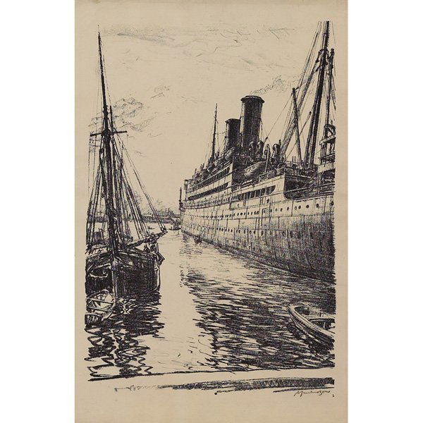 Sir Muirhead Bone, The Tuscania at Glasgow, litho: Sir Muirhead Bone (British, 1876-1953), "The Tuscania at Glasgow," c. 1917-18, lithograph, 20.75" x 14", pencil signed, unframed
