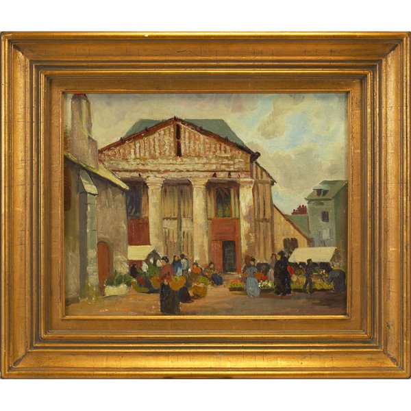 Jane Peterson, Market Scene," oil: Jane Peterson (American, 1876-1965), "Market Scene," c. 1920's, oil on canvasboard, 14.25" x 18", signed lower left, framed Condition Report: minor wear to gold paint on frame; painting is free of pro