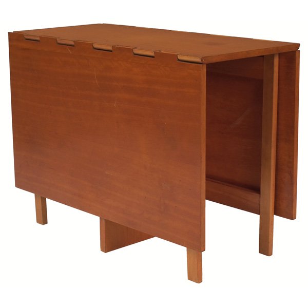 George Nelson Gateleg dining table: George Nelson Gateleg dining table, by Herman Miller, model no. 4656, c. 1950, birch, drop sides with dovetail construction and swing-out legs to support extended top, as shown: 40"w x 18.5"d x 30"h,
