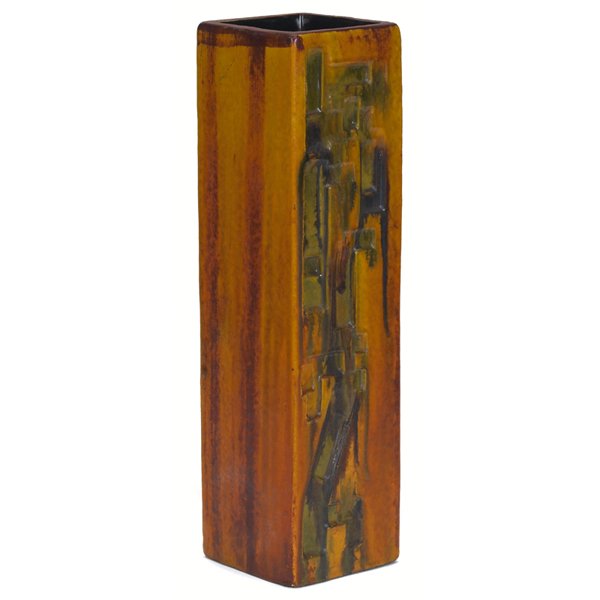 Fantoni vase, for Raymor: Fantoni vase, for Raymor, Italy, tall square form with yellow and green glaze and carved decoration, signed with Raymor paper label, 14.25"h,