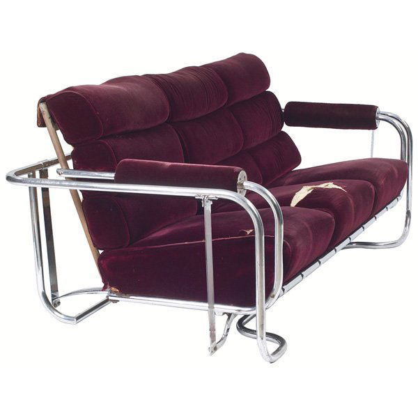 Gilbert Rohde Sling/Glider sofa: Gilbert Rohde Sling/Glider sofa, by Troy Sunshade, 1930s, tubular chrome and flat metal band construction, original burgundy mohair upholstery, original finish, signed with Troy Sunshade label indicat