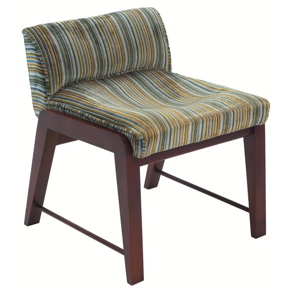 Gilbert Rohde vanity bench: Gilbert Rohde vanity bench, by Herman Miller, 1940s, model no. 4141, stained birch frame with original striped velvet upholstery, original finish, seat sags, 19”w x 19”d x 22”h, good condition