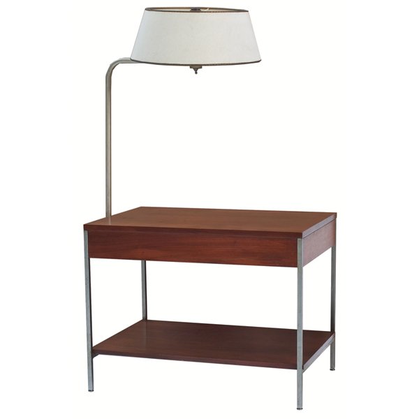 George Nelson end table with lamp: George Nelson end table with lamp, by Herman Miller, walnut table with one drawer and one shelf on steel legs with attached lamp, lamp with original shade, original finish, unsigned, 17"w x 24"d x 40.