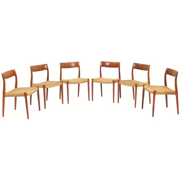 J.L. Moller dining chairs, set of six: J.L. Moller dining chairs, set of six, teak frames sculpted back and woven papercord seats, signed with Danish Furniture Maker Control tags and J.L. Moller tags, recoated finish, 19.5"w x 17"d x 30"h,