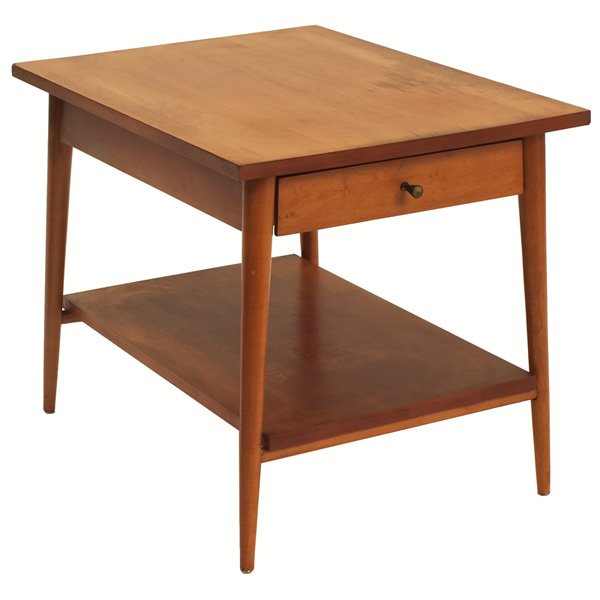 Paul McCobb Planner Group end table: Paul McCobb Planner Group end table, by Winchendon, maple, rectangular top with one drawer and original wood pull over a lower shelf, tapered legs, unsigned, refinished, some stains to top, 19.5"w x 2