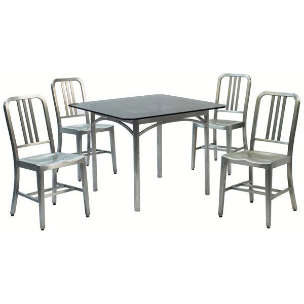 Goodform table and chairs: Goodform table and chairs, by General Fireproofing Company, square aluminum frame with glass top and four aluminum chairs, each chair signed with metal plaque, table: 38"w x 38"d x 30"h, chairs: 16"w