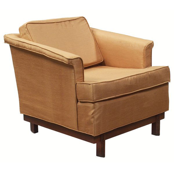 Frank Lloyd Wright armchair: Frank Lloyd Wright armchair, manufactured by Heritage Henredon, Taliesin design to base, reupholstered, 32"w x 34"d x 27"h, very good condition