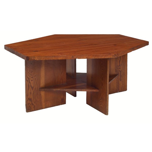 Frank Lloyd Wright table: Frank Lloyd Wright table, from the Carlson House in Phoenix, Arizona, built in 1950, two tiered form in cypress, top refinished, 55"w x 39.5"d x 23.5"h, very good condition