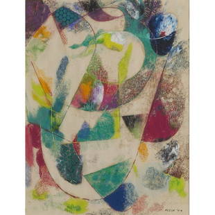 Medard P. Klein, Abstract, mixed media: Medard P. Klein (American, 1905-2002) "Abstract," 1949, mixed media on paper, 13.5" x 10", signed and dated lower right, framed