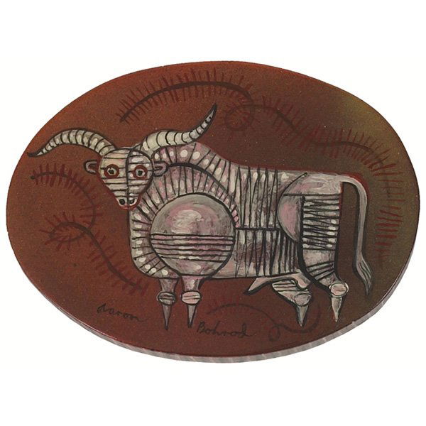 Aaron Bohrod, Bull, oil: Aaron Bohrod (American, 1907-1992) "Bull," c. 1940, oil on wood, 6" x 8", signed center right