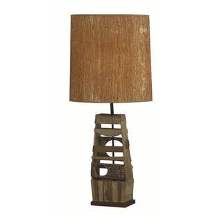 William Wyman table lamp: William Wyman table lamp, 1958, USA, hand-built stoneware form with cutouts and impressed patterns, attached to a wood base, original shade, incised "Wyman 58" to clay on bottom, as shown: 39.5"h, bas