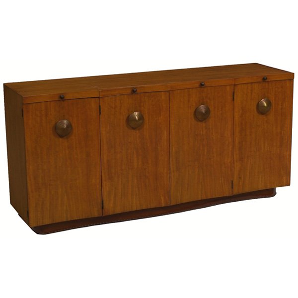 Gilbert Rohde Paldao Group sideboard: Gilbert Rohde Paldao Group sideboard, by Herman Miller, c. 1940, four slightly concave doors with original brass handles under three pullout cutting boards, two center doors conceal four drawers; left