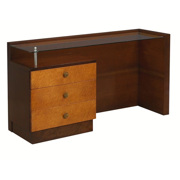 Gilbert Rohde vanity, by Herman Miller: Gilbert Rohde vanity, by Herman Miller, 1940s, walnut and white Acer, three drawers with original brass pulls, inset glass top has a nickel support and finial, labeled in drawer, refinished, 52"w x 16
