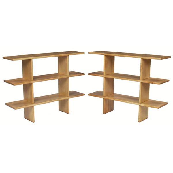 Russel Wright American Modern bookshelves, pair: Russel Wright American Modern bookshelves, pair, by Conant Ball, solid maple, each signed with a burned mark, refinished, 39"w x 10"d x 31"h, very good condition