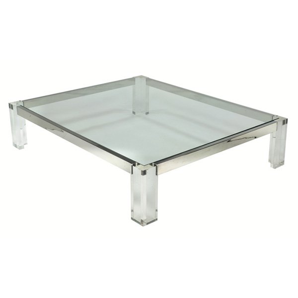 Large John Mascheroni coffee table, USA: Large John Mascheroni coffee table, USA, four solid Lucite supports connected by chromed metal stretchers support an inset glass top, script signature "John Mascheroni" on one corner, 72"w x 60"d x 16