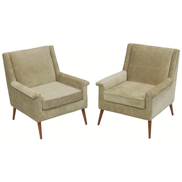 Paul McCobb lounge chairs, pair: Paul McCobb Planner Group lounge chairs, pair, slightly rolled arms and tapered birch legs, reupholstered in sage velour, original finish, 29.5"w x 30"d x 33.5"h, very good condition