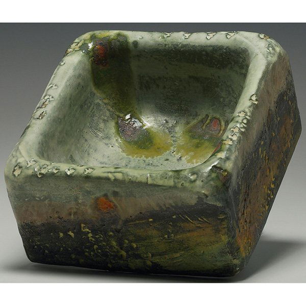 Fantoni bowl, for Raymor: Fantoni bowl, for Raymor, Italy, square form covered in multiple glazes and techniques, signed, paper label, 9"w x 5"h