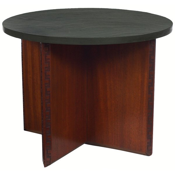 Frank Lloyd Wright table: Frank Lloyd Wright table, manufactured by Heritage Henredon, circular slate top over a cruciform base with Taliesin design to edges, signed with red monogram, original finish, 22"dia x 17"h, excellent
