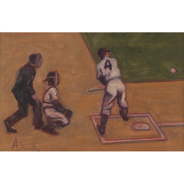Arthur Smith "At the Plate," c. 1960, oil: Arthur Smith (American, 20th century) "At the Plate," c. 1960, oil on masonite, 12" x 18", signed lower left, framed