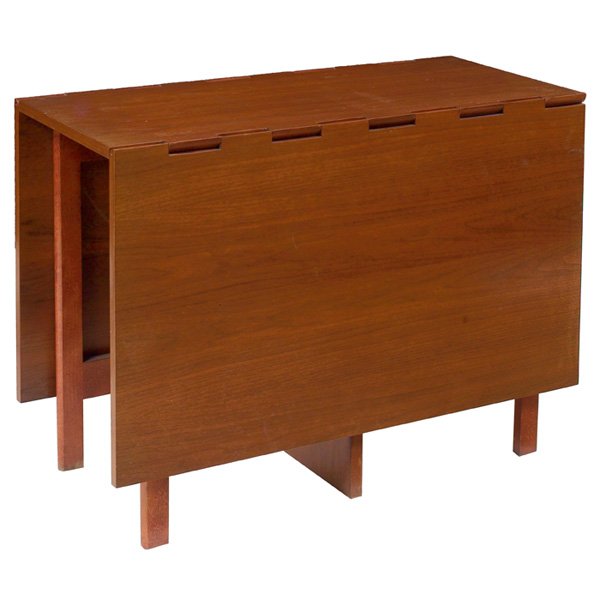 George Nelson Gateleg dining table: George Nelson Gateleg dining table, by Herman Miller, no. 4656, c. 1950, walnut, drop sides with dovetail construction and swing-out legs to support extended top, wear to original finish, closed: 40"w