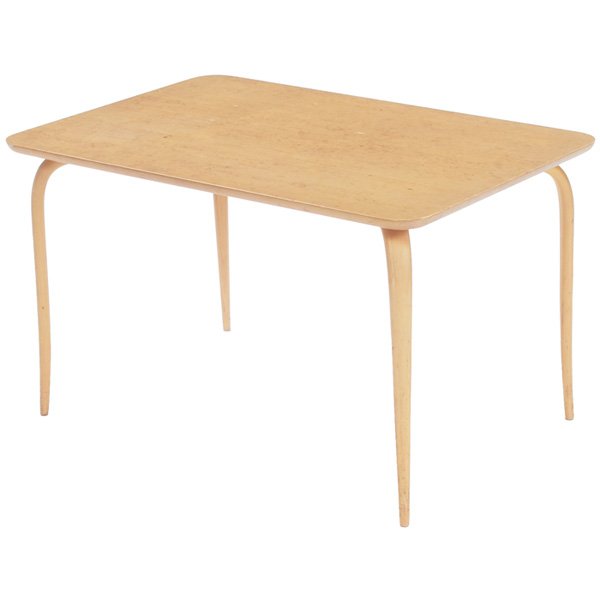 Bruno Mathsson coffee table: Bruno Mathsson coffee table, by Karl Mathsson, Sweden, 1964, rectangular burled wood top with rounded corners over four bentwood birch legs, signed and stamped "Made in Sweden" and dated 1964, origina