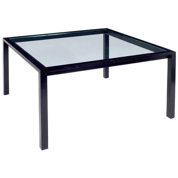 Ward Bennett dining table, by Brickel: Ward Bennett dining table, by Brickel, dark-stained ash frame with inset square _" glass top, custom-ordered size, unsigned, original finish, 54"w x 54"d x 27.5"h, very good condition