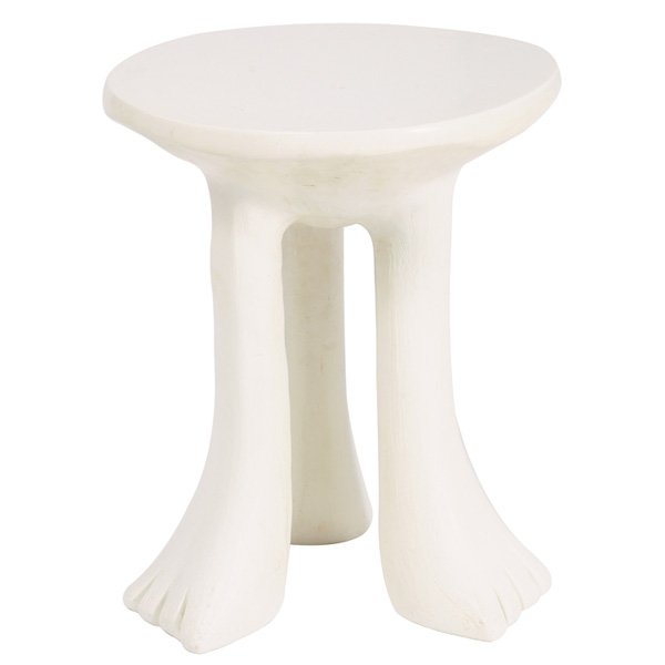 John Dickinson "African" occasional table: John Dickinson "African" occasional table, USA, 1970s, white painted plaster, round top over three legs which resemble feet, unsigned, original finish, 16.5"dia x 20.5"h, excellent condition