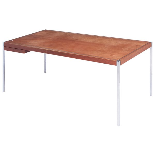 Richard Schultz desk, by Knoll, 1960s: Richard Schultz desk, by Knoll, 1960s, rectangular walnut top with one drawer over steel legs with inset detail to corners of top, unsigned, original finish, 76"w x 36"d x 29.5"h, wear to finish, good