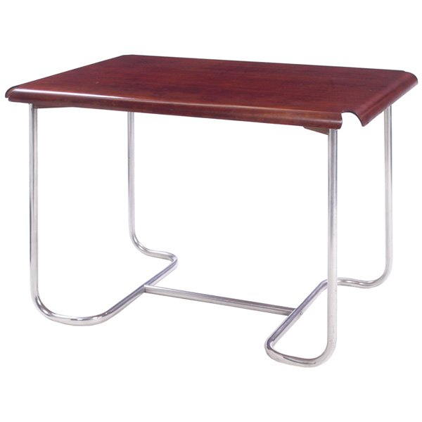 Evans Products table, c. 1940: Evans Products table, c. 1940, molded plywood top with cut corners and rounded edges which curve downward over a tubular aluminum base, unsigned, refinished, 42"w x 30"d x 28.5"h, very good condition